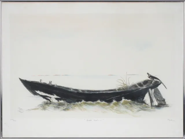 BJÖRN LINDROTH. "Storbåt Drömmen", färglitografi, signerad och numrerad 207/210.