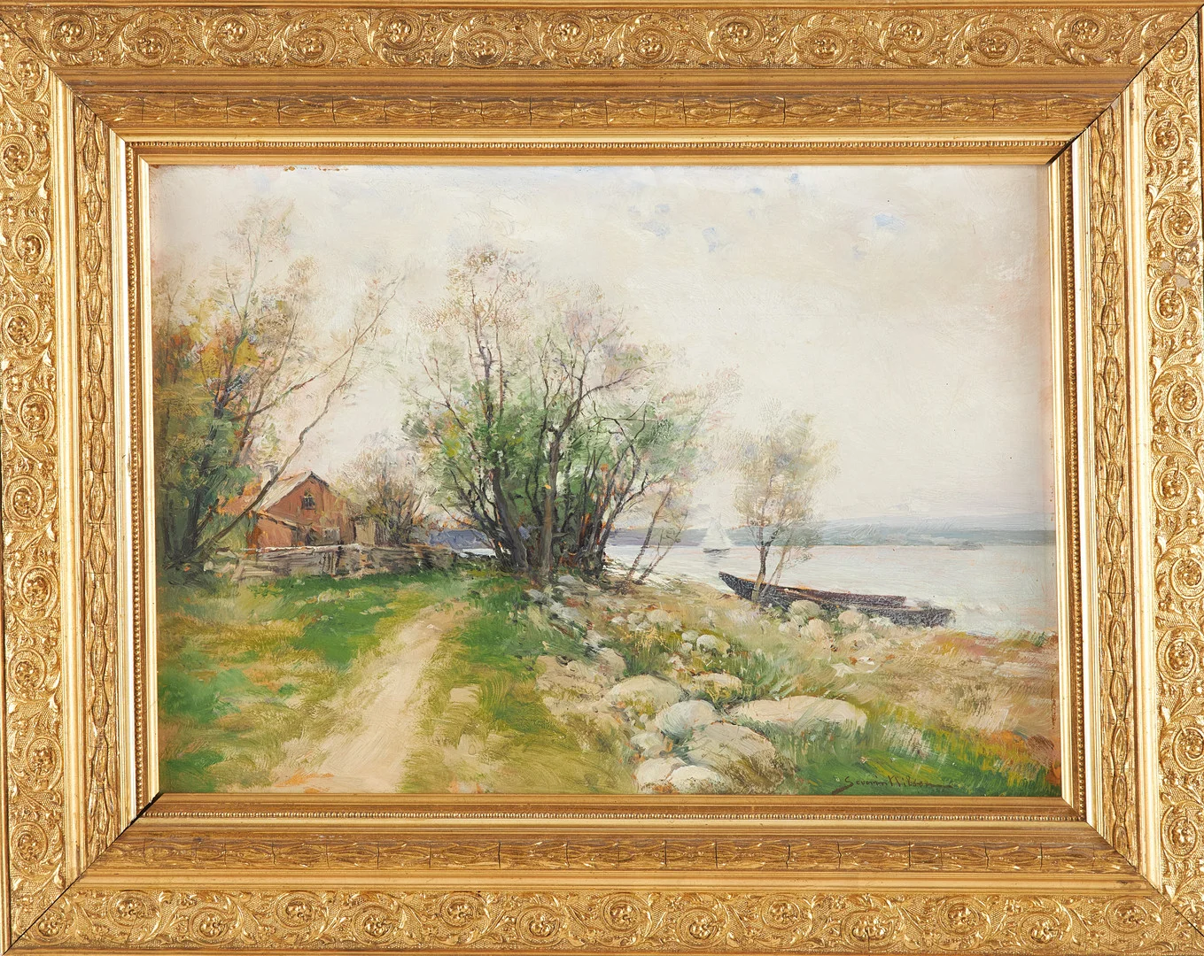 SEVERIN NILSON. Strandmotiv med stuga, olja på pannå, signerad. — Paintings — Stockholms Auktionsverk Sickla