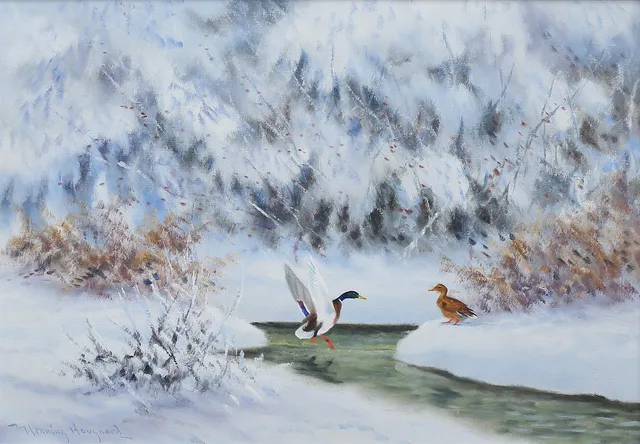 HENNING HOUGAARD. Vintermotiv med gräsänder. Olja på duk, signerad.