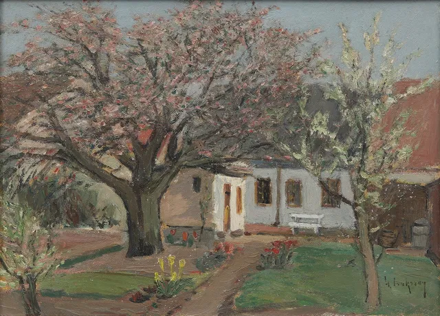 GIDEON ISAKSSON. Trädgård med blommande fruktträd, olja på pannå, signerad.