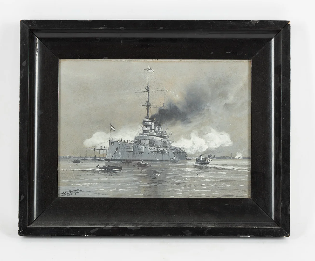 ADOLF BOCK. Pansarskeppet, signerad samt daterad 28.6. 1926, gouache. — Paintings — Stockholms Auktionsverk Helsinki