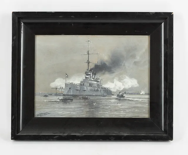 ADOLF BOCK. Pansarskeppet, signerad samt daterad 28.6. 1926, gouache.