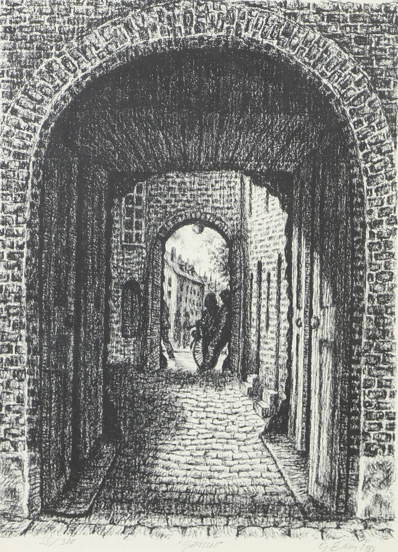 GÖRAN BILLING. Gränd, litografi, signerad G. Billing 1986. — Engravings & Prints — Helsingborgs Auktionskammare