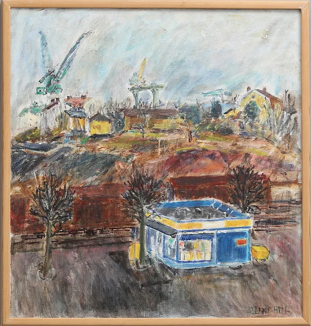 STEN LINDAHL. "Järnvägen, Åsa". Olja på duk, signerad.