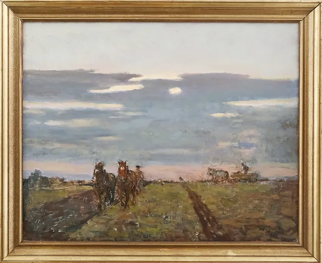 WILHELM SMITH. Landskap med hästar, olja på duk, signerad.