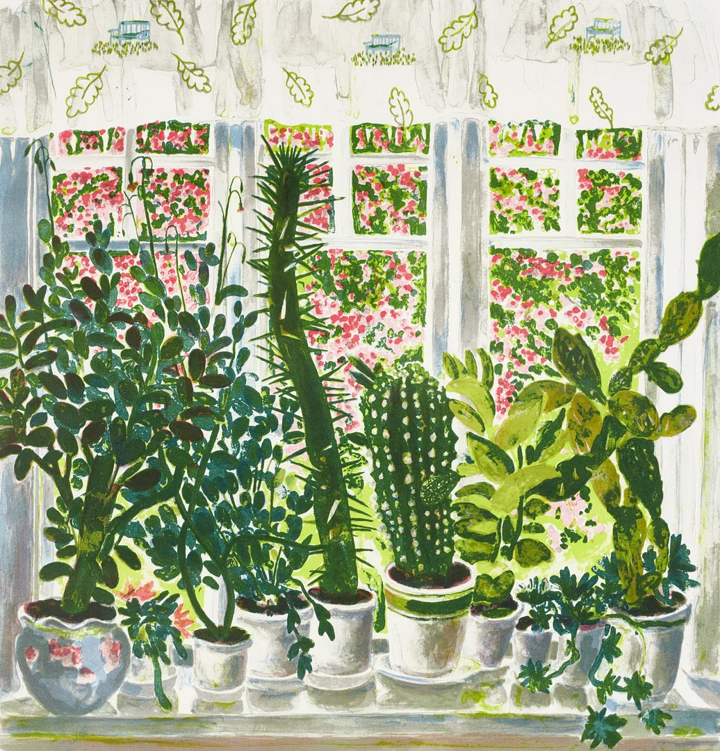 EVY LÅÅS (1923-1999). Blomster vid fönster, signerad och daterad -90, numrerad 163/280, färglitografi. — Engravings & Prints — Crafoord Auktioner Stockholm