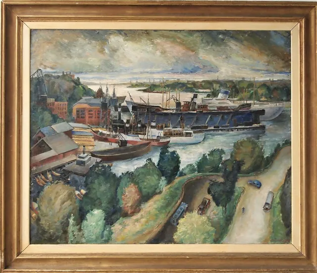 JOSEF LINDSKOG. oljemålning, olja på duk, "Finnboda varv, Stockholm", signerad.