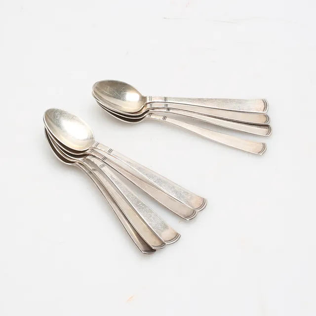 KAFFESKEDAR, 9 st, silver, "Rosenholm", GAB, Stockholm 1960, vikt ca. 141,4 gram.