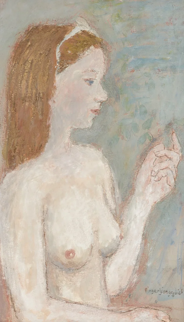 BIRGER LJUNGQUIST (SVERIGE, 1894–1965). "Det vita hårbandet", blandteknik på papp, signerad, a tergo med utställningsrogram från Gummesons Konstgalleri. — Paintings — Crafoord Auktioner Stockholm