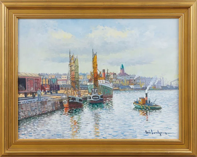 ERIC LUNDGREN. Göteborgs hamn, olja på duk, signerad.