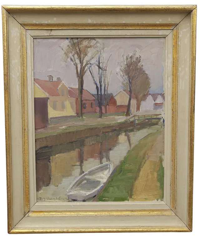 THURE WAHLSTRÖM (1908 -1998). Olja på pannå, kanal vid hus, signerad, daterad 1946.