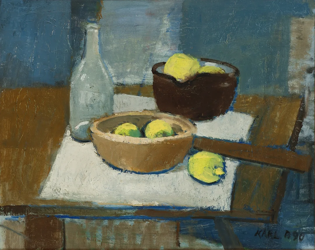 UBEKENDT KUNSTNER. Stilleben med citroner, skåle og flaske, olie på lærred, signeret og dateret 1990. — Paintings — Palsgaard Kunstauktioner