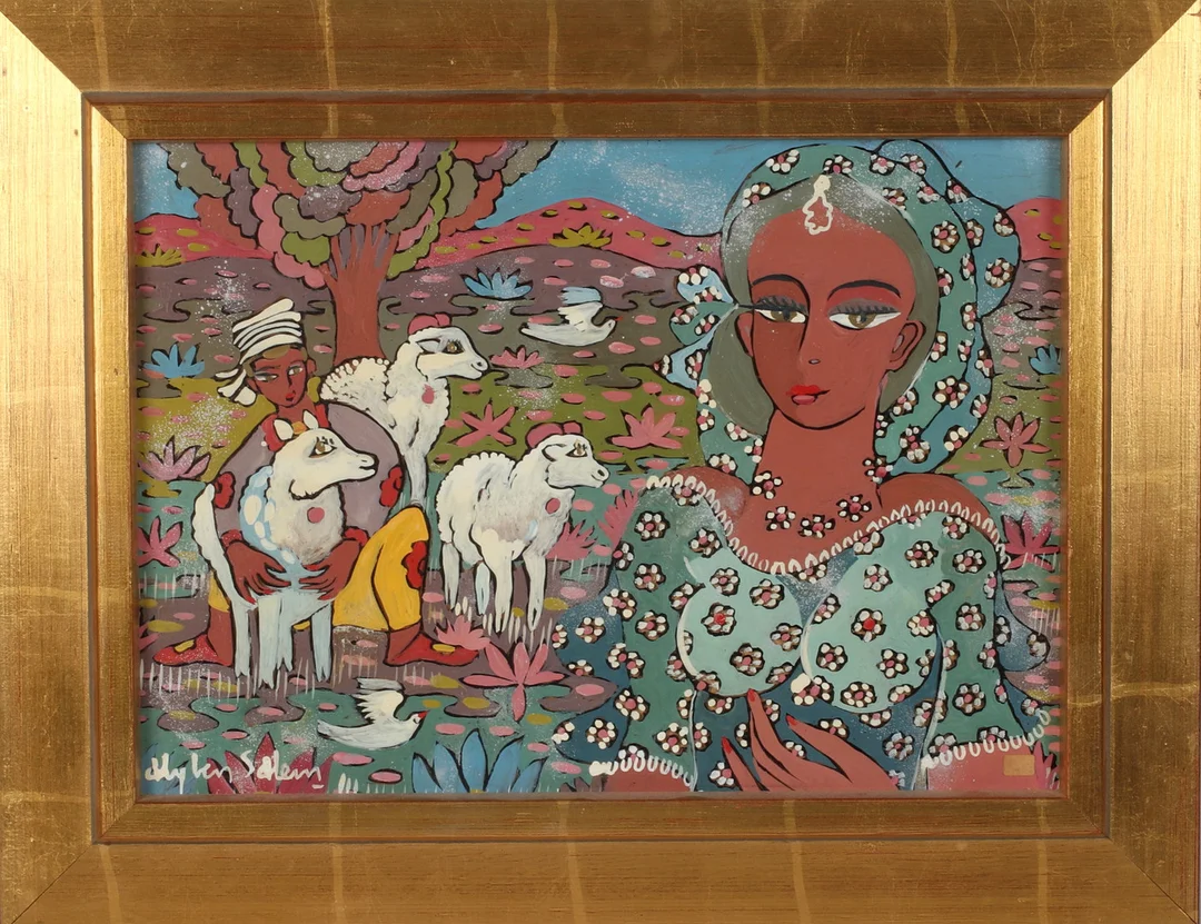 ALY BEN SALEM. Kvinna och fåraherde, gouache på glas, signerad. — Paintings — Stadsauktion Sundsvall