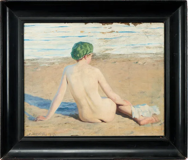 SIMEON ÖQUIST. Sittande modell vid vatten. olja på duk.