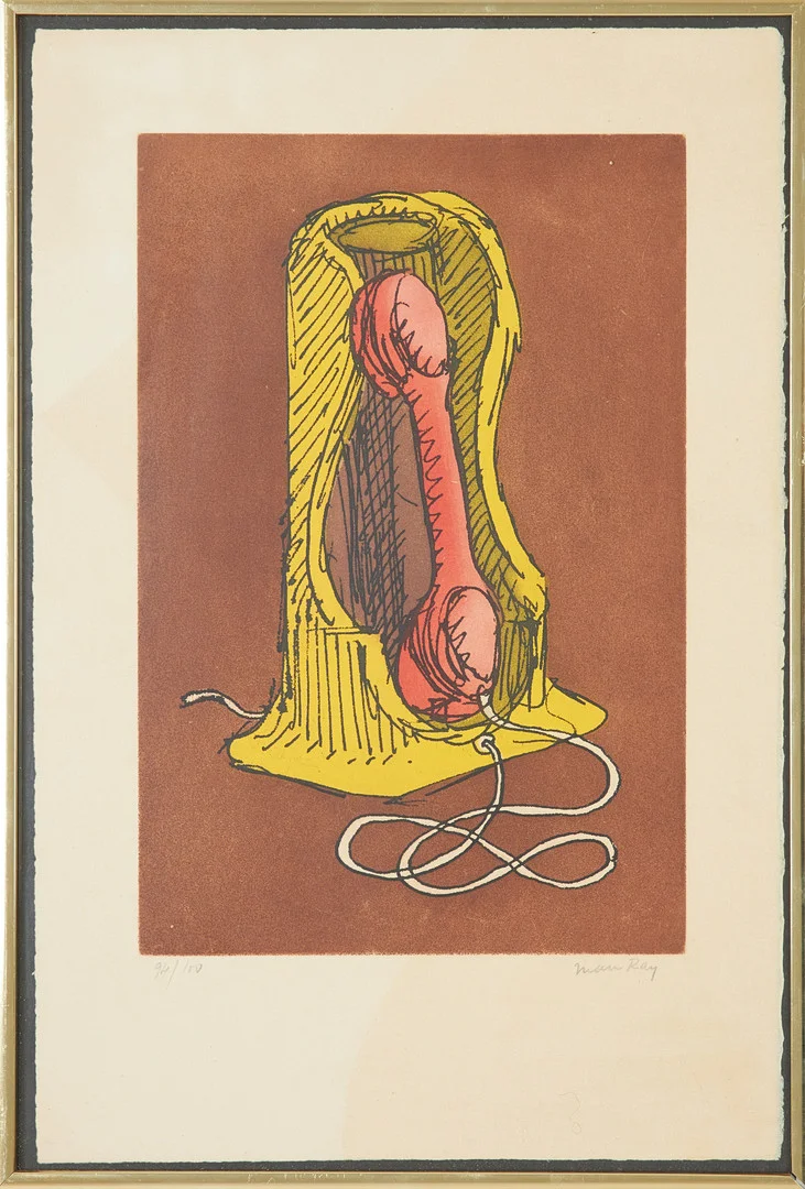 MAN RAY (USA, 1890-1976). "Telephone", färgetsning, stämpelsignerad samt signerad i blyerts, numrerad 94/100. — Engravings & Prints — Stockholms Auktionsverk Sickla