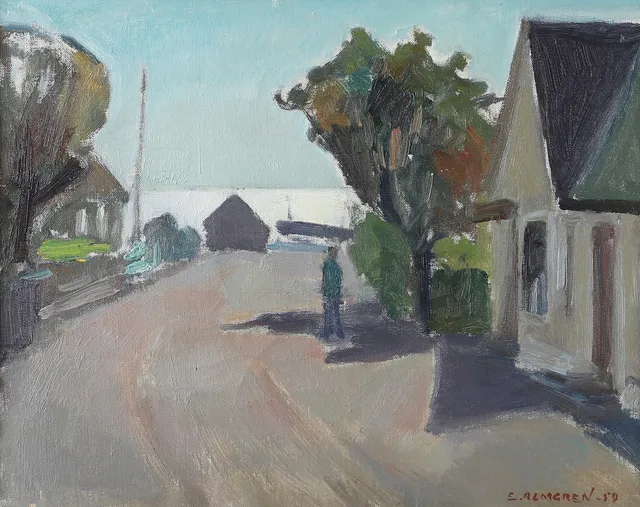 ERIK ALMGREN. Vägen ner mot hamnen, olja på duk, signerad E. Almgren.