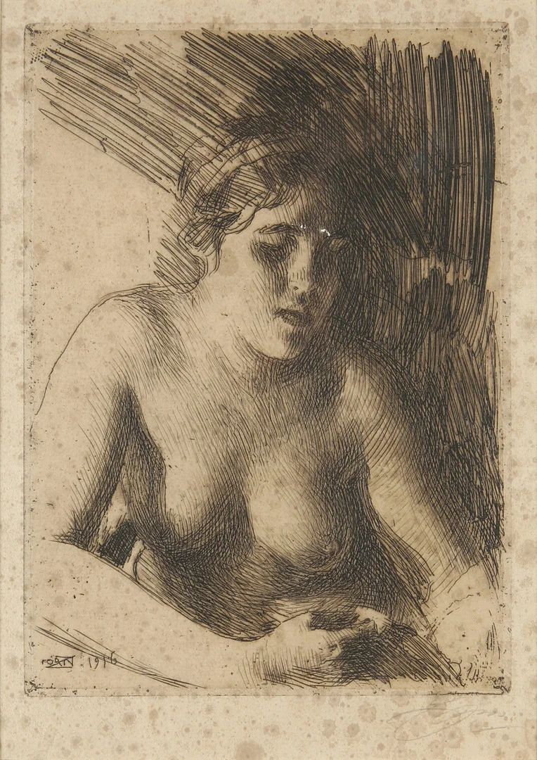 ANDERS ZORN. "Byst", etsning, signerad samt signerad och daterad (1916) i plåten. — Engravings & Prints — Auktionshuset Kolonn