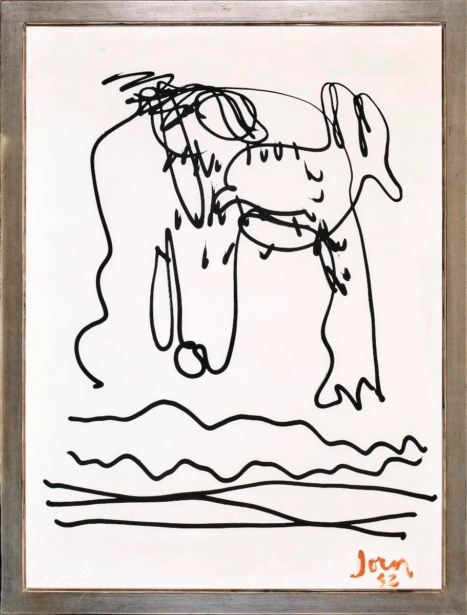 Untitled, Lystegning nr. 18 (Light Drawing No. 18), 1953/1970. Signed Jorn 53 and Fot. Poul Pedersen 71. Photogravure on canvas laid down on board. 120×90 cm. — Modern Paintings/CoBrA — Bruun Rasmussen