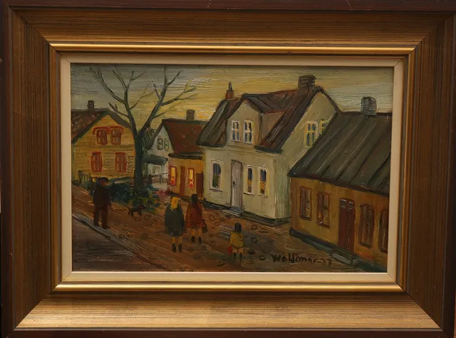 ÅKE WALDEMAR LARSSON. Olja på pannå, "Gamla gatans slut, Limhamnvägen", signerad Waldemar, daterad -77.