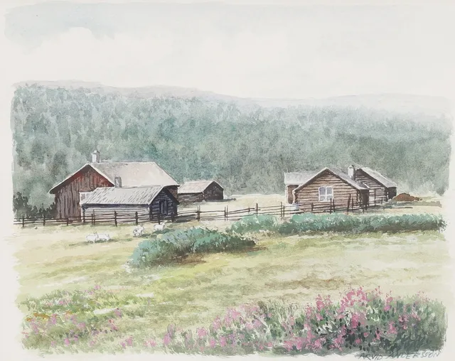 ARVID ANDERSSON. Gårdsmoti. Akvarell, signerad.