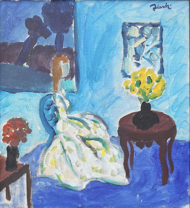 ROLAND K NILSSON. (Född 1942 Malmö) Interiör i blått, olja på duk, signerad.