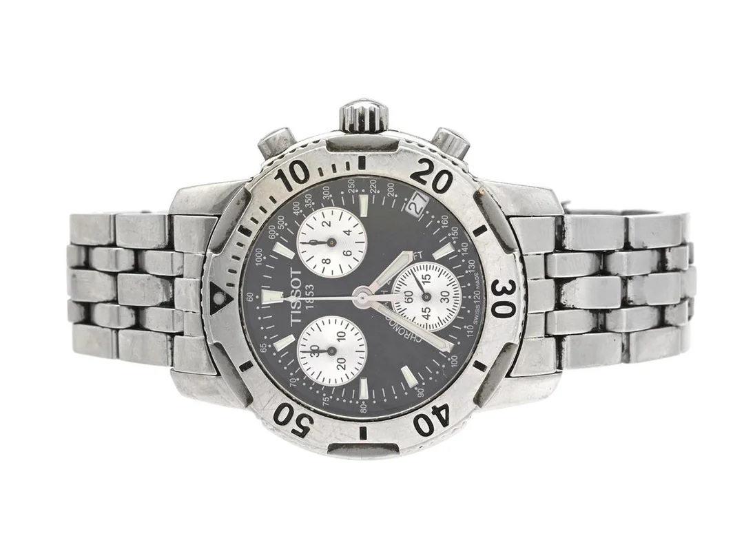 TISSOT, PRS200, Boett nr. T362/462K / 18038, kronograf, herrur, 40 mm, stål, quartz, safirglas, datum, defekt (går ej, akut servicebehov), originallänk, viklås, ca 2005. — Klockor/Tissot — Kaplans