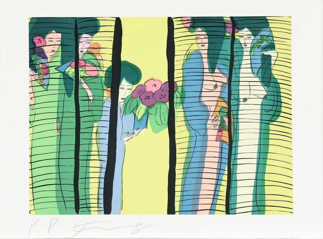 “5 geishas with flowers”. Signed Ting, P.P. Lithograph in colours. Sheet size 54×74 cm. Unframed. — Modern Prints/Modern art — Bruun Rasmussen