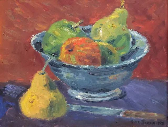 GUSTAV BERLIN. olja på pannå, "Frukt i tennskål".