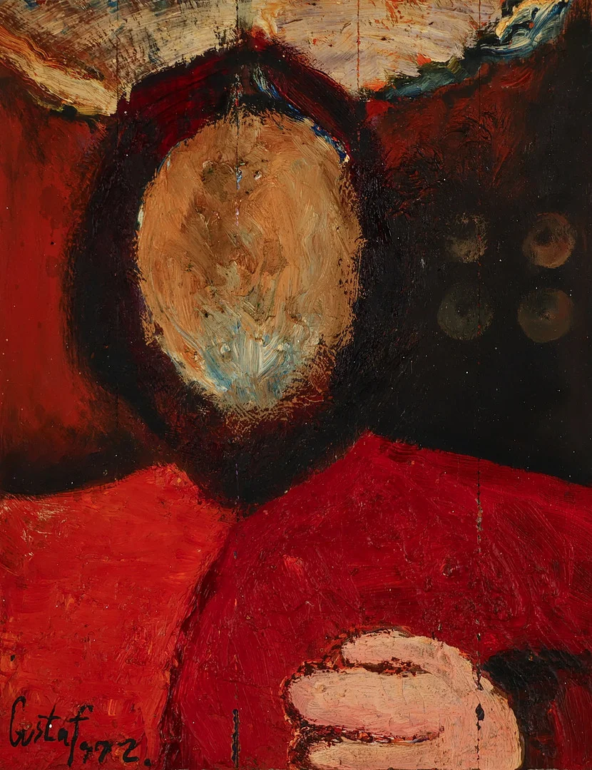 UBEKENDT KUNSTNER. Komposition med figur, olie på plade, signeret og dateret 1971. — Paintings — Palsgaard Kunstauktioner