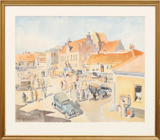 HENRY MAYNE. TORGET I SIMRISHAMN, akvarell, signerad och daterad 1929.