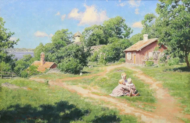 JOHAN KROUTHÉN. Olja på duk, stugexteriör med lekande barn. Signerad och daterad 1910.