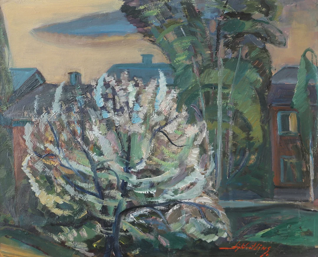 STIG WRETLING. Landskap med hus, olja på pannå, signerad. — Paintings — Helsingborgs Auktionskammare