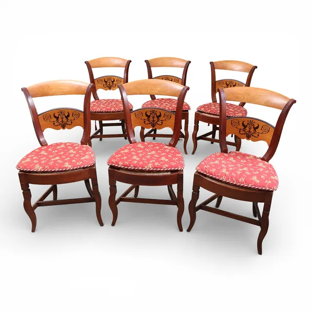 Set of six Fernandine chairs in mahogany and lemongrass with marquetry, circa 1830.