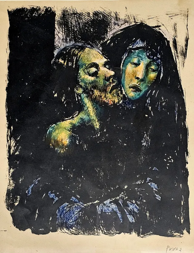 PERE PRUNA. Descendimiento. Técnica mixta sobre papel.