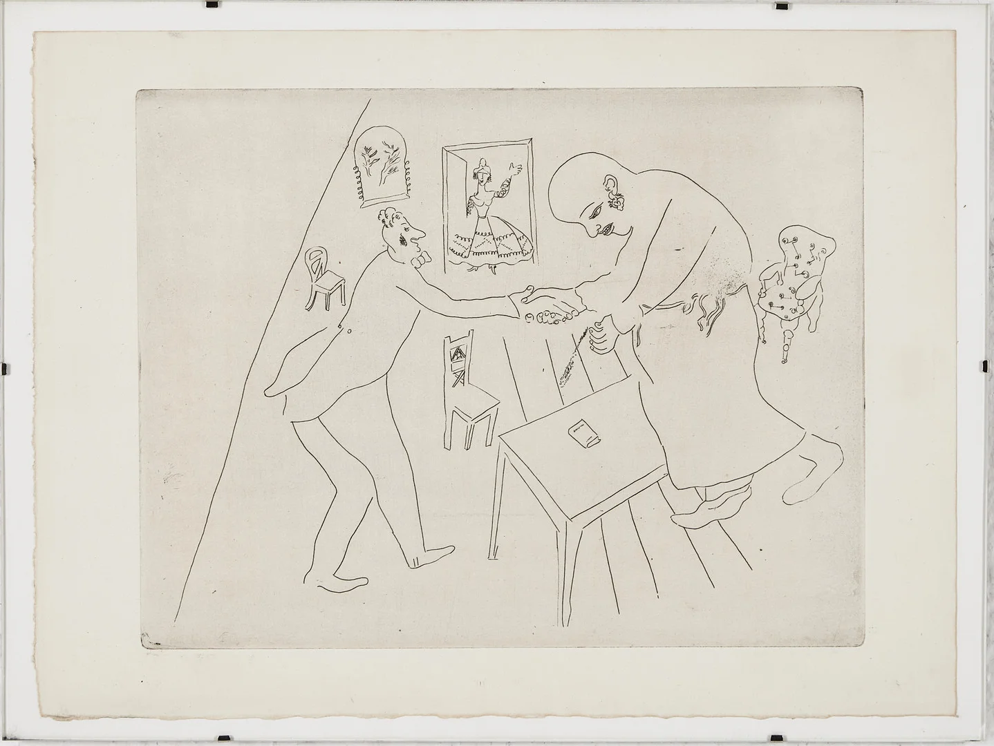 MARC CHAGALL. "Les Adieux de Tchitchikov à Manilov" etsning ur ”Les Ames Mortes”, osignerad. — Engravings & Prints — Stockholms Auktionsverk Magasin 5