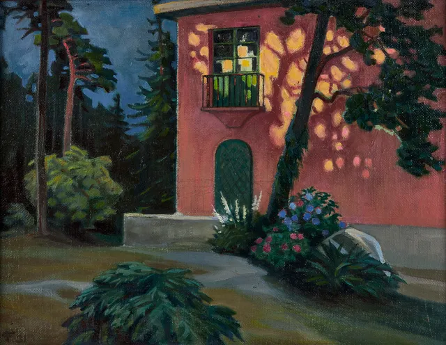 PER FISCHER (1877-1974). "Konstnärens första villa på Lidingö" monogramsignerad och daterad PF 31, olja på pannå.