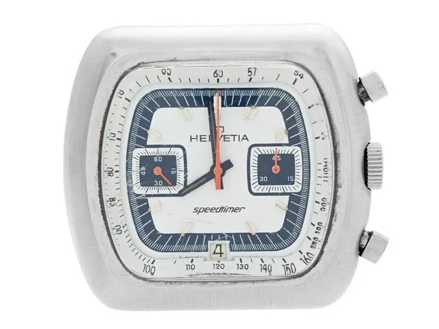 HELVETIA, Speedtimer, Cal Valjaux 7734, Boett nr. 7734.001.10 / 49, kronograf, herrur, 42 x 39 mm, stål, manuell, plexiglas (skadat), datum, skadad urtavla, ca 1970.