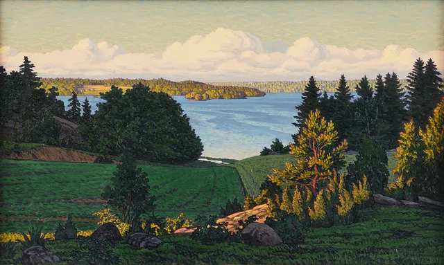 OLOF THUNMAN (SVERIGE 1879-1944). Evening sun over lake landscape.