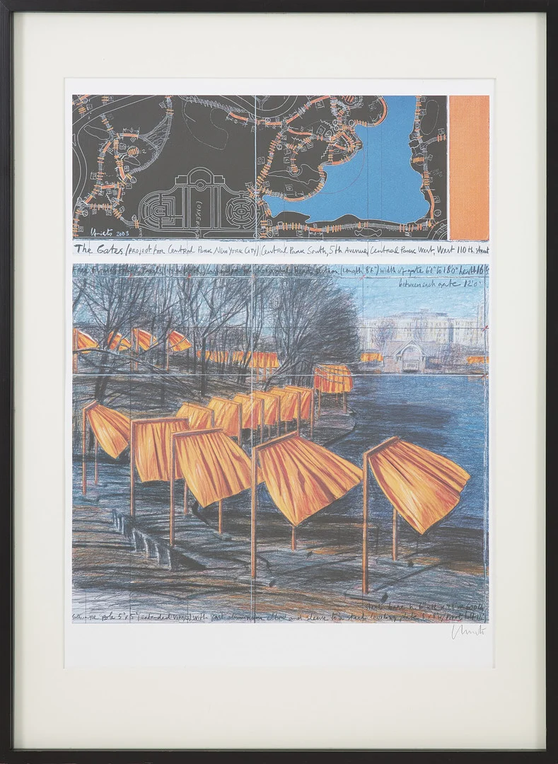 CHRISTO & JEANNE-CLAUDE. "The Gates (Project for Central Park, New York City)", offset, 518/1000, , 2004, signerad i blyerts. — Engravings & Prints — Stockholms Auktionsverk Sickla