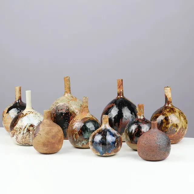 CONNY WALTHER (1931-2019). Collection of ten round stoneware vases with slim necks, own studio, Denmark, brutalism, 1960/70s, (10).
