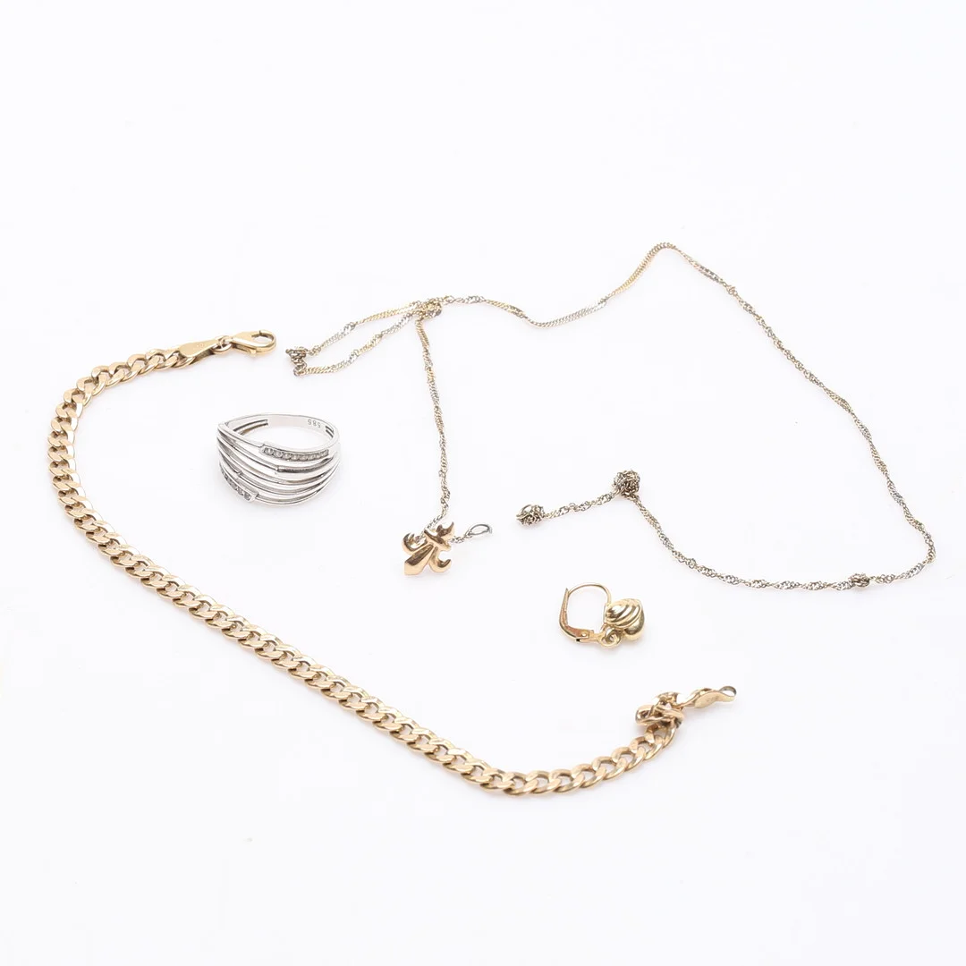 SMYCKEN, fem delar, 8-14k, rött/vitt guld, vikt ca 10,8 gram, ring, halsband, armband, örhängen. — Objet de vertu & Miscellaneous — Gomér & Andersson Linköping