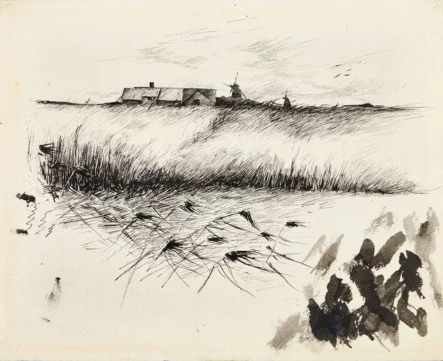KARL NORDSTRÖM (Tjörn 1855-1923 Drottningholm). Landskap med väderkvarnar, signerad, tuschpenna på papper.