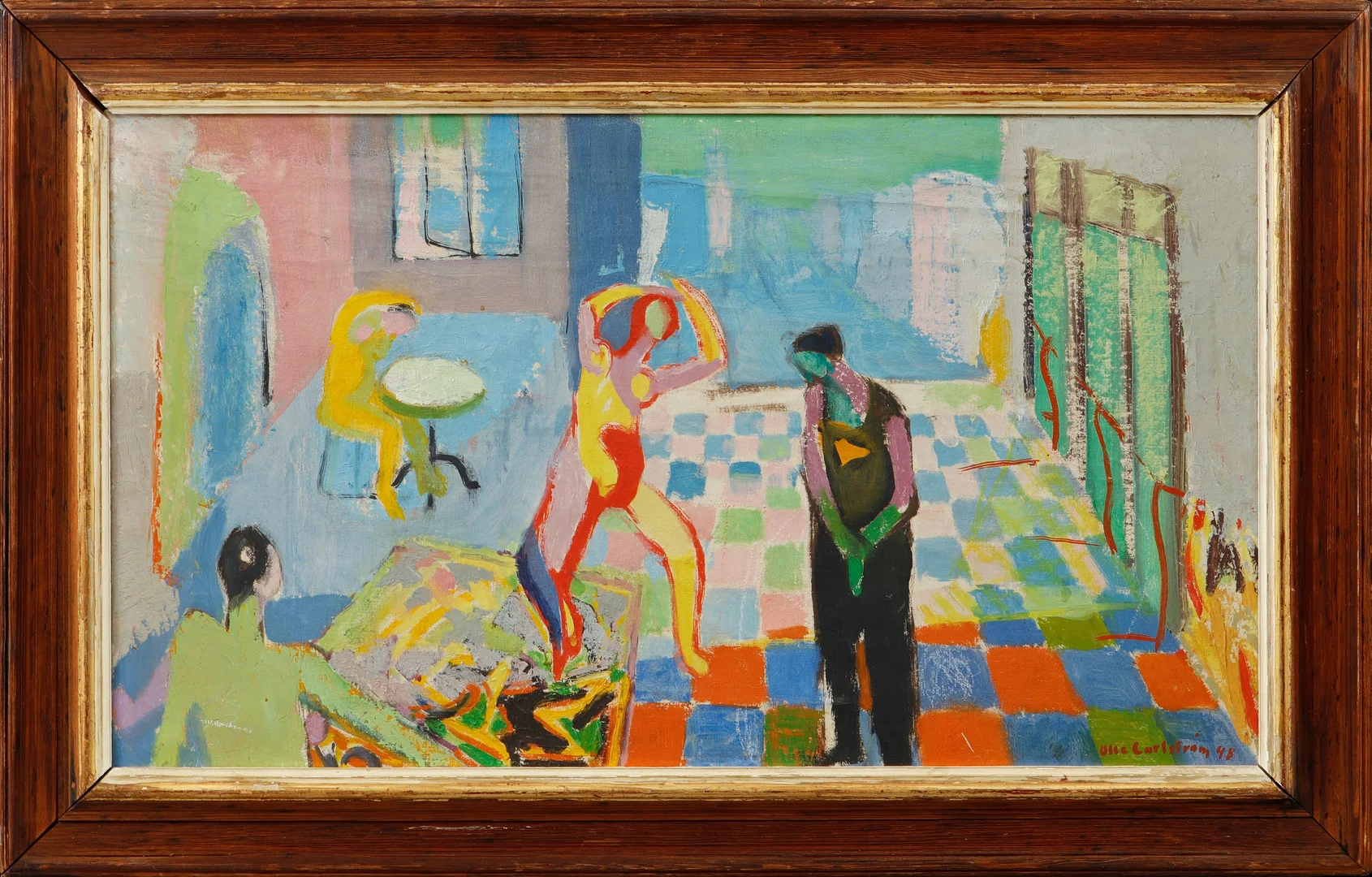 OLLE CARLSTRÖM. Interiör med figurer, olja på duk, signerad och daterad 48. — Paintings — Göteborgs Auktionsverk