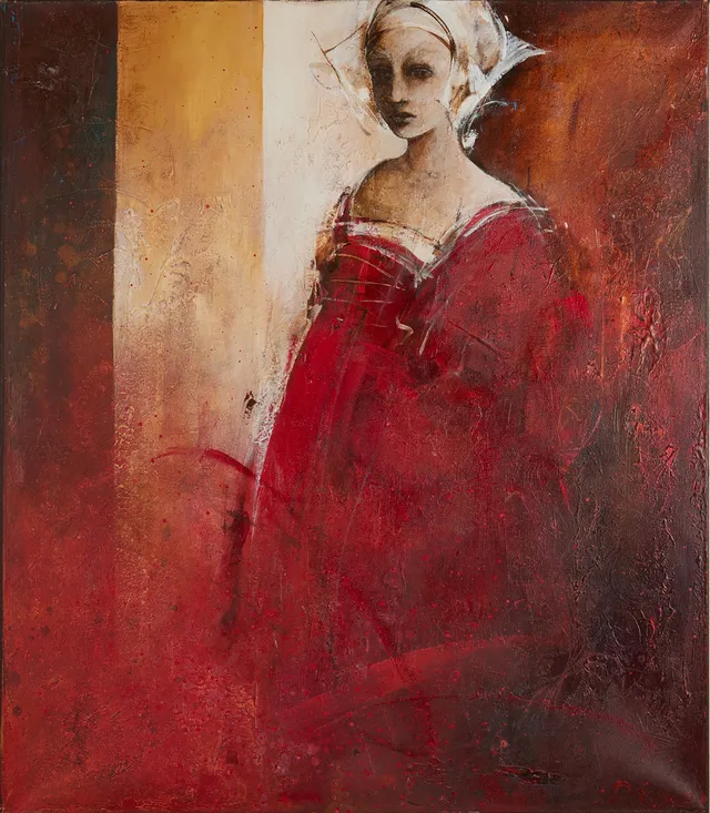 DANKA JAWORSKA (POLEN 1951-). Olja på duk, Kvinna i rött, signerad.