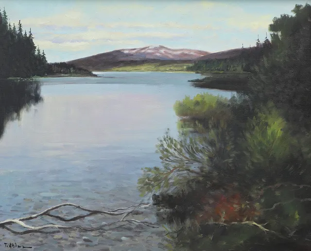 TAGE RUDOLF AHLM. Olja på duk, "Norrland - Indalsälven och Åreskutan", signerad.