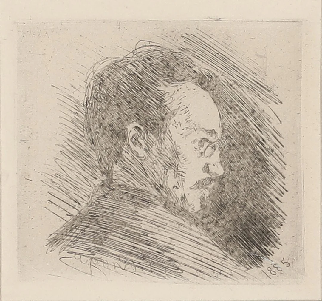 P. S. Krøyer: Portrait of Julius Paulsen. Signed in print. S. Krøyer 1885. Etching. Visible size 7×8 cm. — Prints & Drawings — Bruun Rasmussen