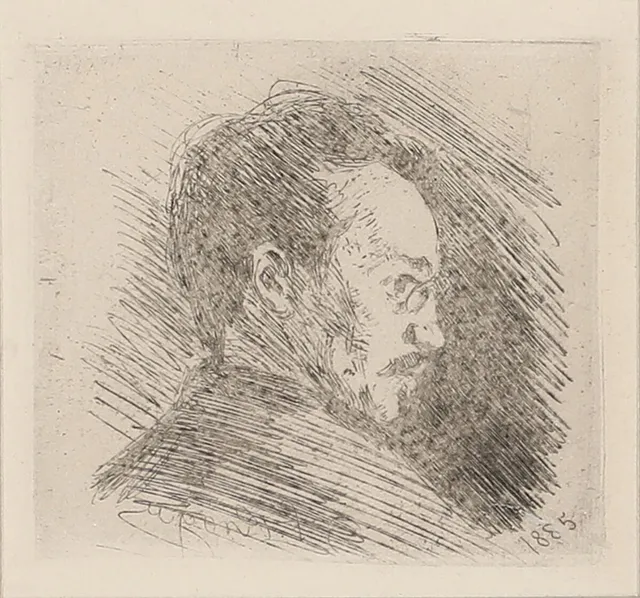 P. S. Krøyer: Portrait of Julius Paulsen. Signed in print. S. Krøyer 1885. Etching. Visible size 7×8 cm.