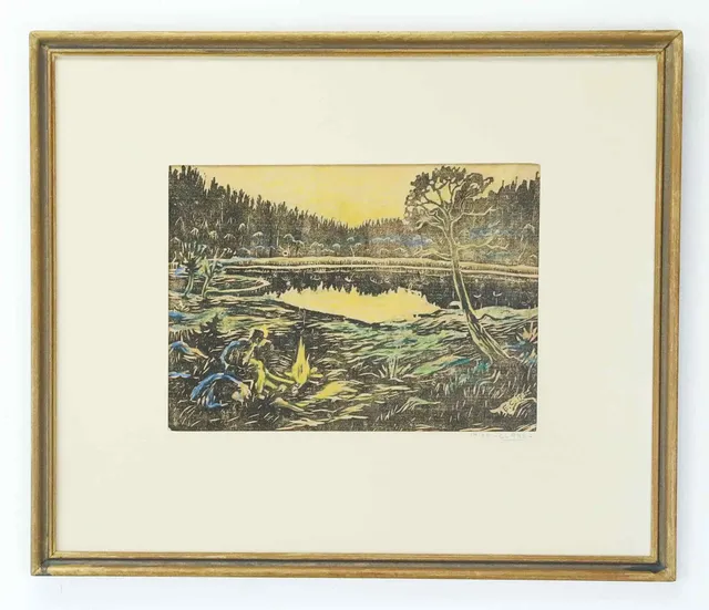 EMIL CLAHR. träsnitt, skogstjärn, numrerad 14/90 och signerad med blyerts, signerad E.C 14.90 i trycket.