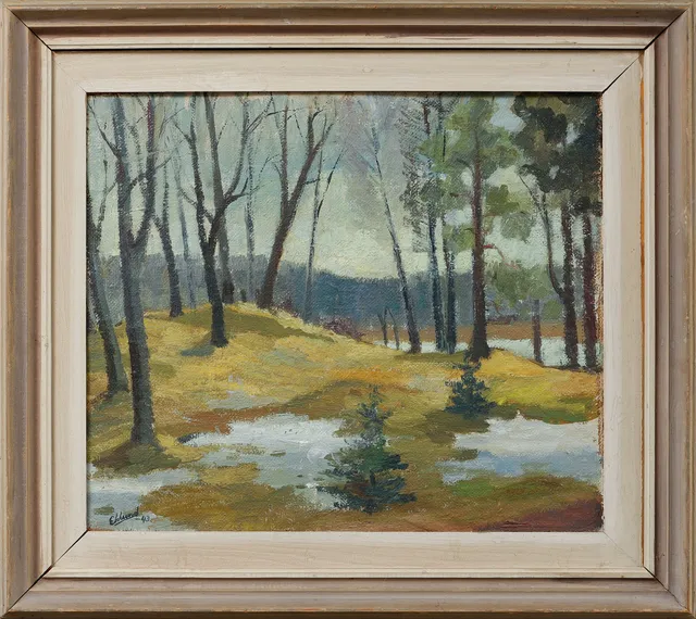 BENGT EKLUND. "Vårflod, Jämtland", olja på pannå, signerad och daterad -43.