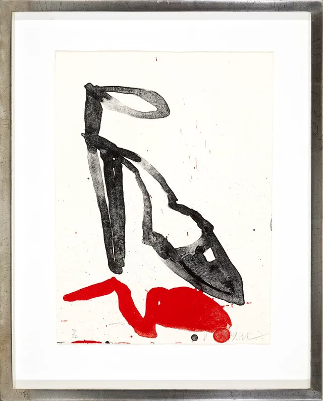 ”Forsøg på at male en rød hund" (Attempt to paint a red dog). Unsigned. Watercolour on paper. 20×17 cm. and Untitled. Signed J. Birkemose, 9/22. Lithograph in colours. (2)